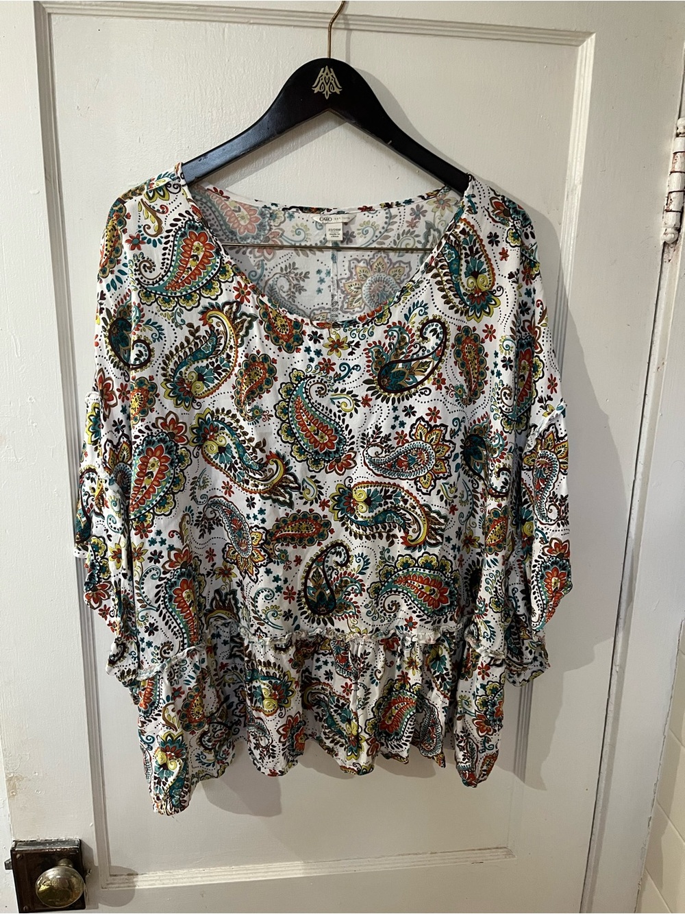 CATO Paisley Peasant Blouse 22W/24W Plus Size Boho Ruffle Hem Poncho Top EUC